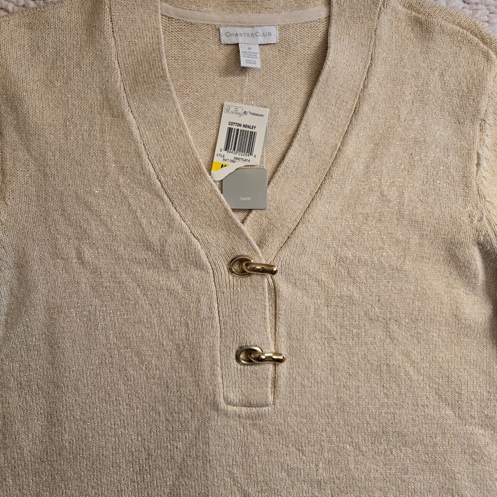 New Charter Club Womens‎ M Beige Metalic Thread Elegant Sweater Quiet Luxury - Picture 2 of 9